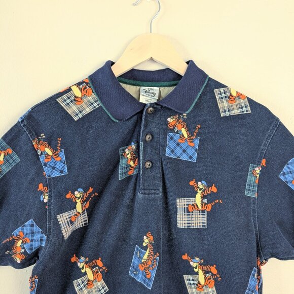 The Disney Store Vintage Tigger Golf Patchwork Pattern Navy Blue Polo Shirt S - Picture 2 of 8